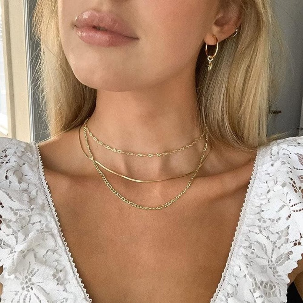 14k Gold Herringbone Necklace Set Layered Chain Choker Delicate Dainty Jewelry - Picture 3 of 7